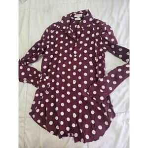 Vtg VAN HEUSEN XXS Rayon/Nylon Burgundy Polka Dots Thin Woven Button Top Indie
